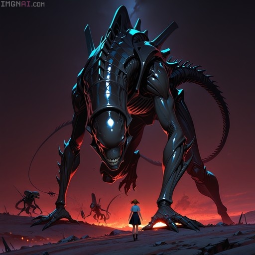 A large, shiny black alien monster with a glowing eye stands over a small girl wearing a white shirt and dark skirt against a red sky.