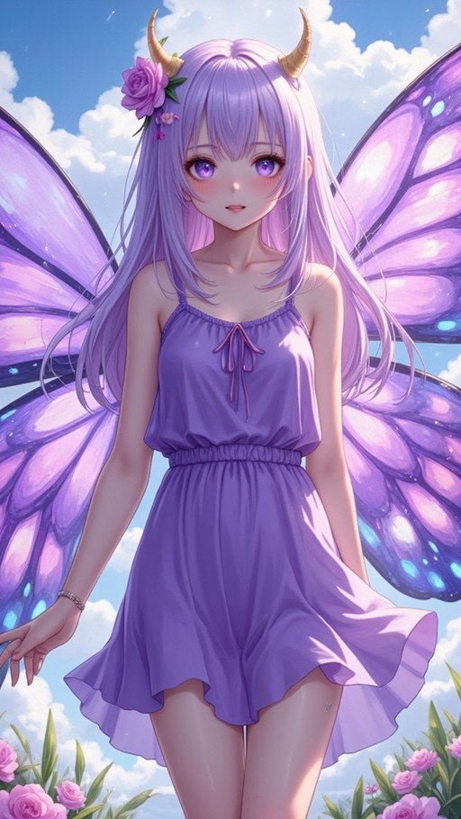 Anime-style girl with long purple hair and golden horns wearing a short purple dress and large butterfly wings standing in a field of pink roses.