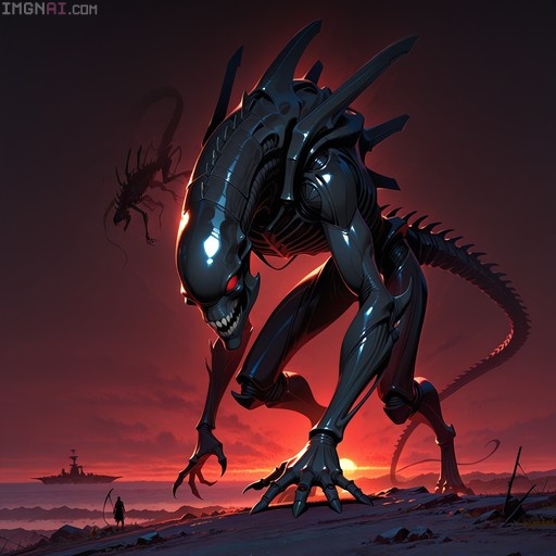 A large black alien monster with glowing eyes and sharp teeth stands in a rocky landscape during a red sunset, with a ship and another creature in the background.
