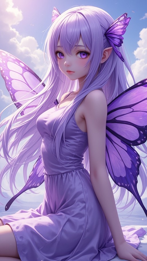 A digital illustration of a fairy girl with long lavender hair and large purple butterfly wings sitting against a blue sky.