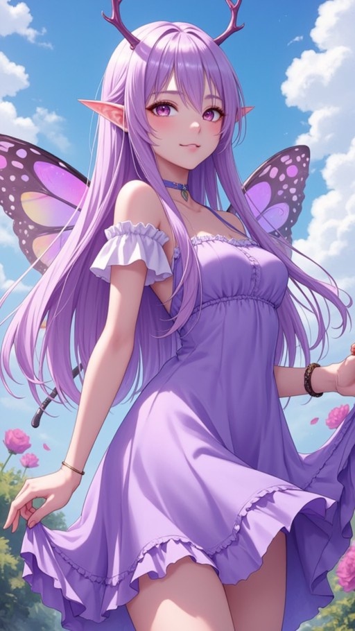 Anime-style fairy girl with long purple hair, antlers, and large butterfly wings wearing a lavender dress outdoors.