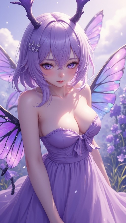 Digital illustration of a young woman with short purple hair and small horns wearing a strapless purple dress and large iridescent butterfly wings in an outdoor setting.