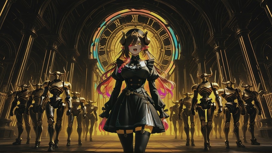 Anime style illustration of a horned girl with multicolored hair in a black dress standing in front of a giant clock flanked by armored knights.