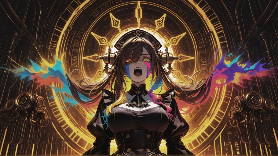Anime-style girl with multicolored hair streaks and colorful face smudges screaming before a glowing golden clock mechanism.
