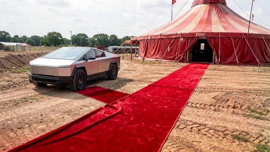 A grinning humanoid robot wearing a white bowtie stands next to a car near a tent in an outdoor setting.