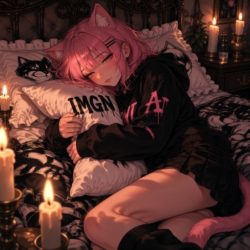 An anime-style cat girl with pink hair and a tail lies on a bed hugging a pillow that reads 'IMGN', illuminated by the warm light of several candles in a dark room.