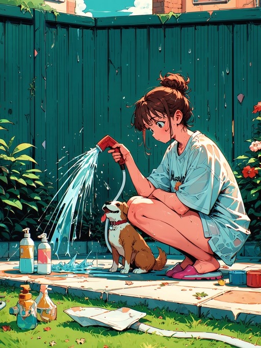 Anime girl in white shirt washing small brown and white dog with garden hose in backyard