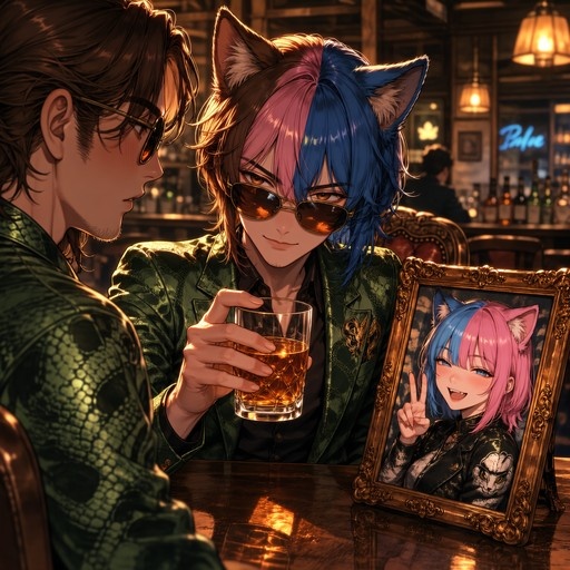 Two anime men at a bar; the central figure has pink and blue split hair, cat ears, sunglasses, and holds a drink next to a framed photo of a girl with similar features.