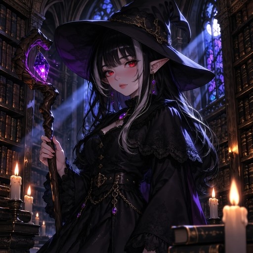 Anime-style witch with pointed ears and red eyes holding a glowing staff in a candlelit library