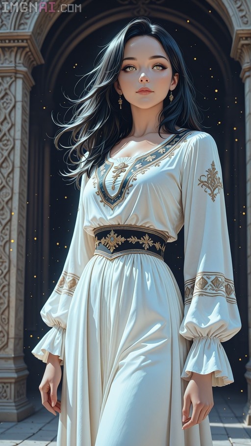 A woman with long dark hair wearing a white embroidered dress and black sash stands between stone columns with golden sparkles in the air.
