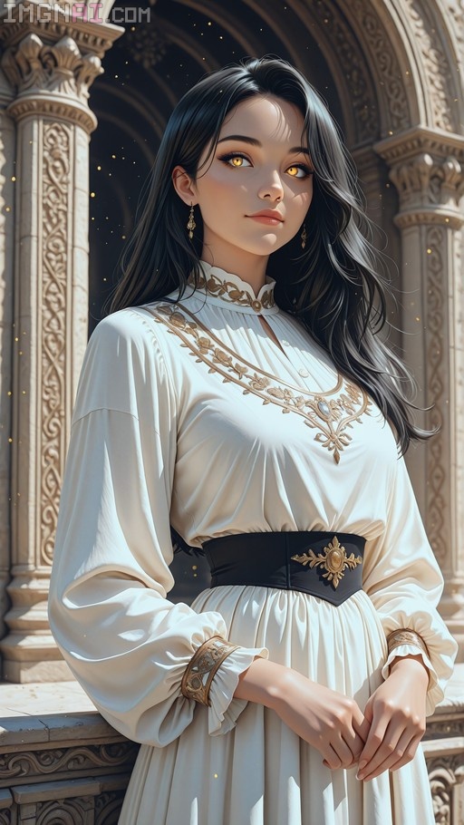 A young woman with long black hair and yellow eyes stands in front of a stone archway wearing a white dress with gold embroidery and a black sash.
