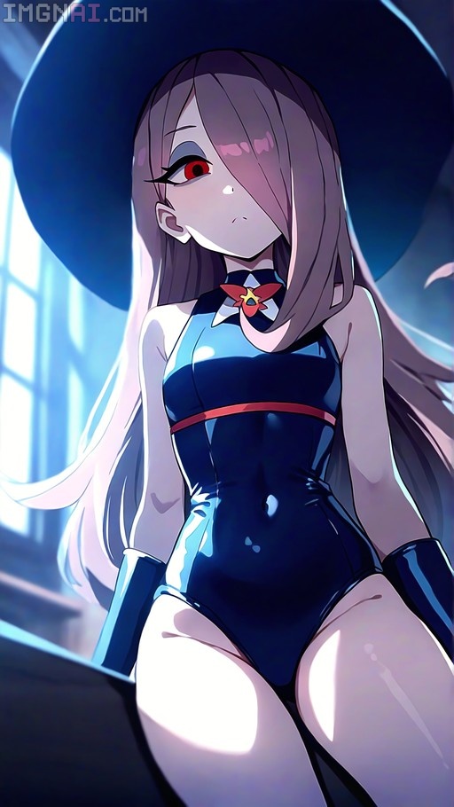 Sucy Manbavaran from Little Witch Academia wearing a shiny blue leotard and witch hat with long mauve hair.
