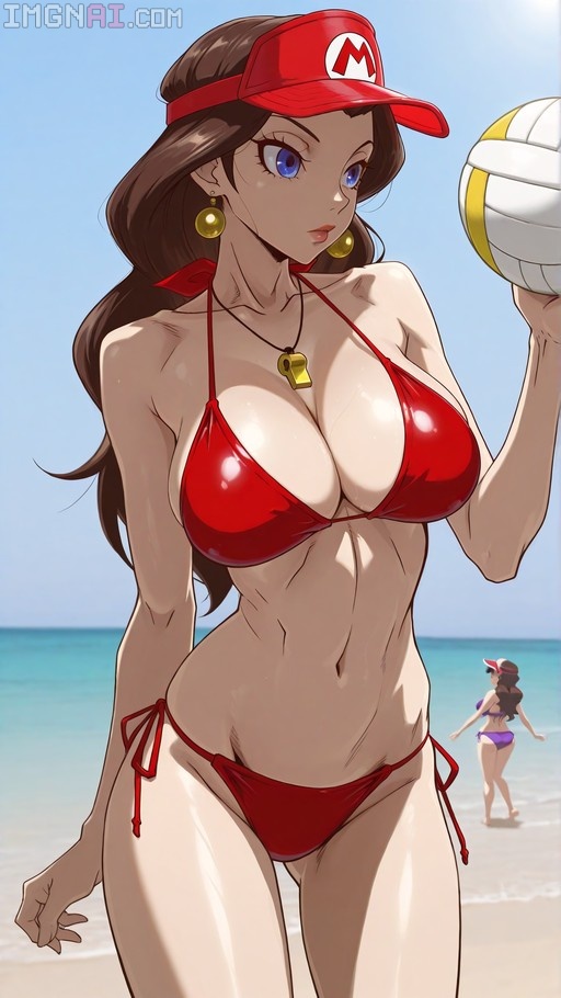 Pauline from Mario wearing a red bikini and holding a volleyball on a sunny beach