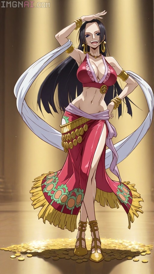 Boa Hancock from One Piece dancing in a red and gold coin skirt outfit with white sash.