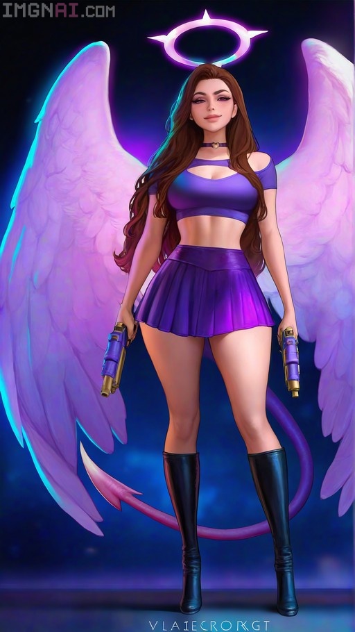 Full-body digital illustration of an anime-style girl with long brown hair, large white and purple wings, a glowing halo, and a devil tail, wearing a purple crop top and skirt while holding dual pistols.