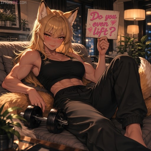 A muscular blonde fox girl with yellow eyes reclines on a couch holding a dumbbell and a sign that says "Do you even lift?".