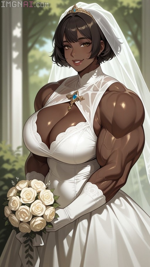 A muscular dark-skinned bride in a white gown holding a bouquet of white roses.