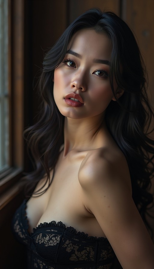 A realistic close-up portrait of a young woman with long dark wavy hair and brown eyes wearing a black lace bra, looking directly at the camera near a window.