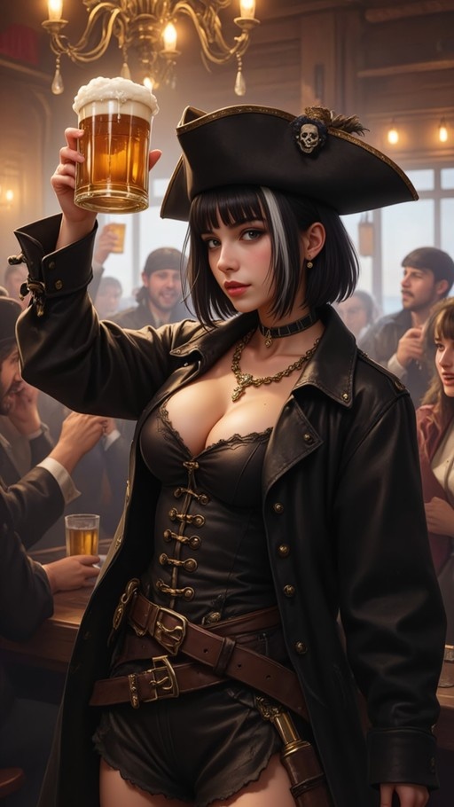 A woman dressed as a pirate with short black and white hair raises a large beer mug while standing in a crowded tavern.
