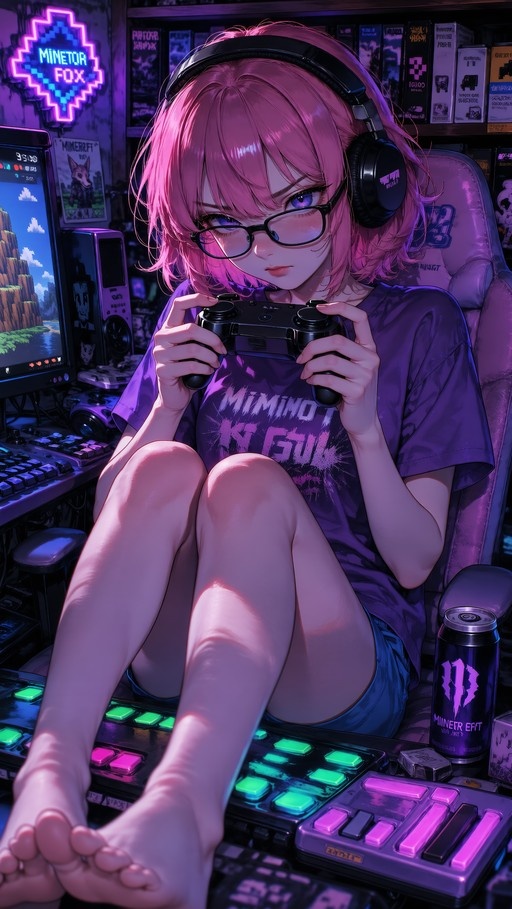 A pink-haired anime girl wearing glasses and headphones sits in a gaming chair holding a controller, with her bare feet resting on a large mechanical keyboard in a room lit by purple neon lights.