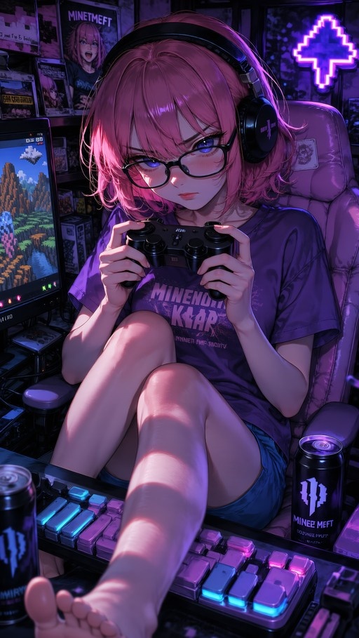 A pink-haired anime girl with glasses and headphones sits in a gaming chair holding a controller, her bare feet extended toward the viewer in a dimly lit room with purple neon lights and a computer monitor displaying a pixelated game.