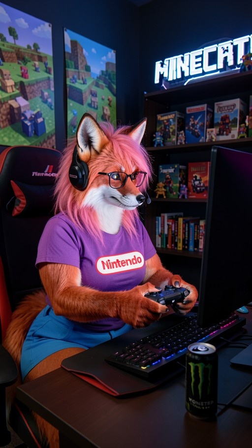 An anthropomorphic fox girl with pink hair and glasses wearing a purple Nintendo t-shirt sits in a gaming chair holding a controller in front of a computer monitor.