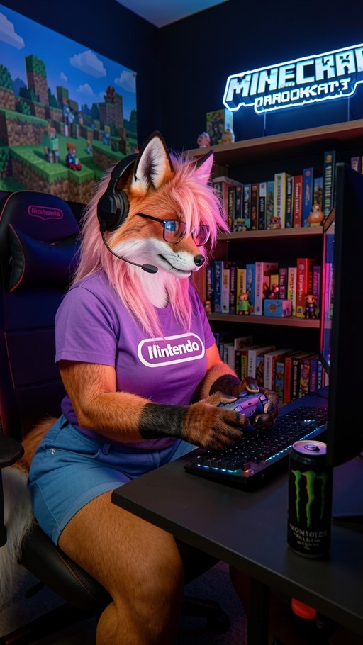 A female anthropomorphic fox with long pink hair and glasses sits in a black gaming chair holding a purple game controller. She wears a purple t-shirt with the Nintendo logo and blue shorts. Behind her is a shelf filled with games and a Minecraft poster on the wall.