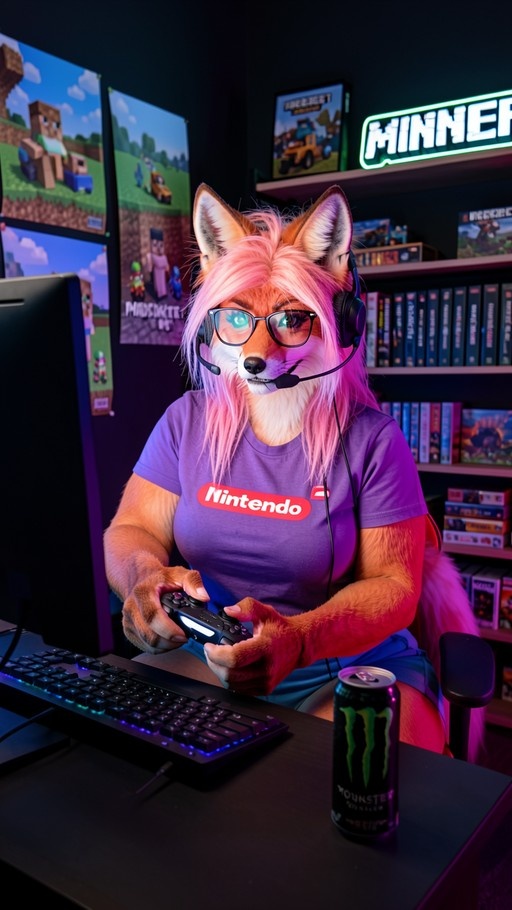A pink-haired anthropomorphic fox girl with heterochromia sits at a gaming desk holding a controller, wearing a purple Nintendo shirt and glasses with a Monster Energy drink nearby.