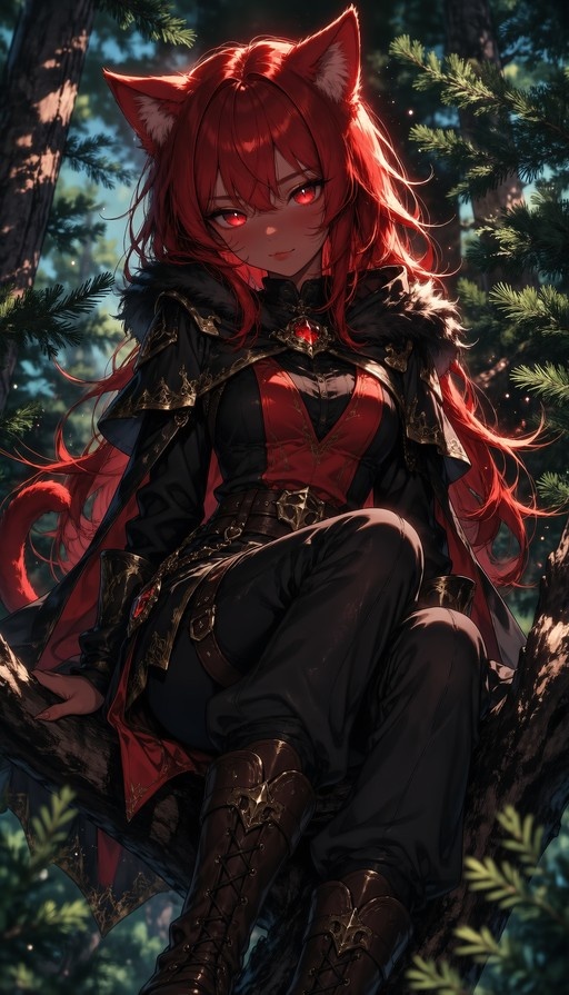 Red-haired anime cat girl with red eyes sitting on a tree branch in a forest, wearing a black cape and boots.