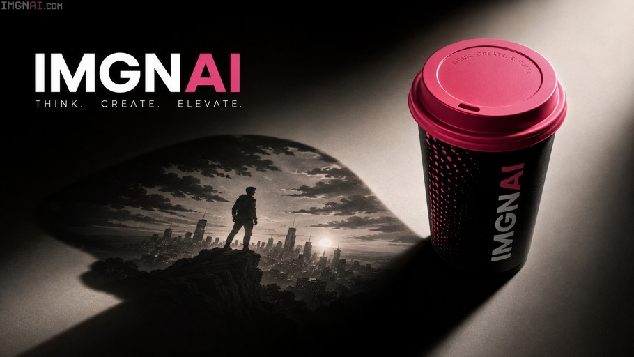 A black coffee cup with a pink lid casts a shadow revealing a silhouette of a man on a cliff overlooking a city.