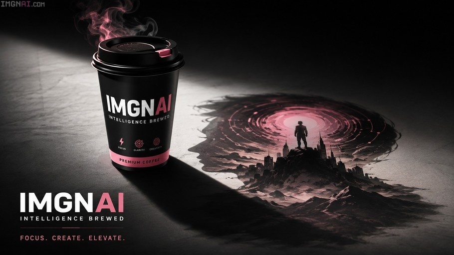A black coffee cup sits on a dark surface, casting a surreal shadow that reveals a silhouette of a person standing amidst a cityscape surrounded by swirling pink energy.
