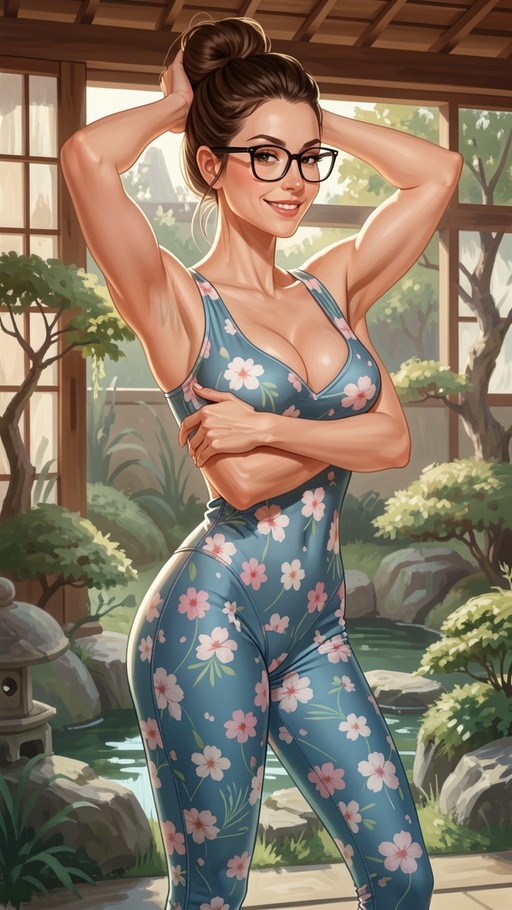 A smiling woman with glasses and a brown hair bun poses in a blue floral swimsuit within a traditional Japanese garden featuring wooden structures and a stone lantern.