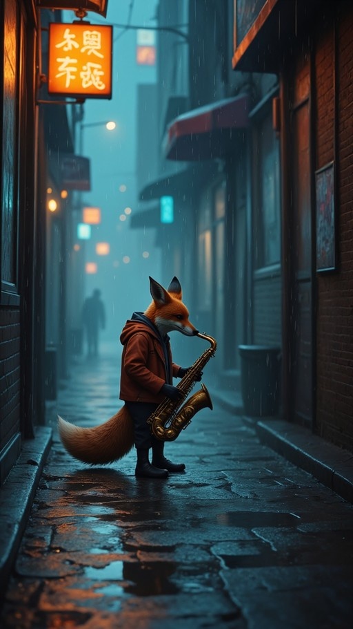 An orange-furred anthropomorphic fox wearing a jacket plays a golden saxophone on a rainy city street at night.