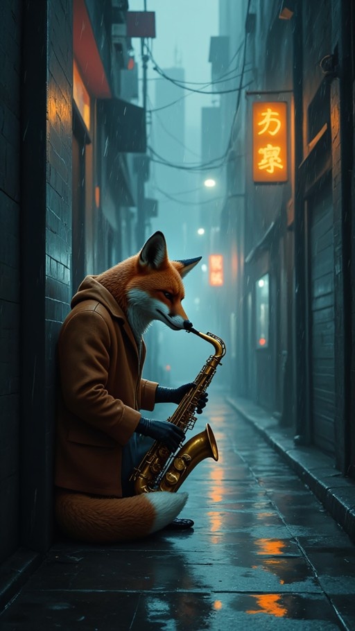 Anthropomorphic orange fox sitting on a wet city street at night, playing a golden saxophone under neon signs.