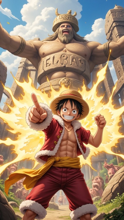 Monkey D. Luffy points forward with a fiery aura in front of a giant stone statue labeled Elbaf.