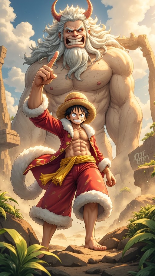 A digital illustration of Monkey D. Luffy in a red coat pointing up, with a giant white-haired horned man standing behind him among ruins.