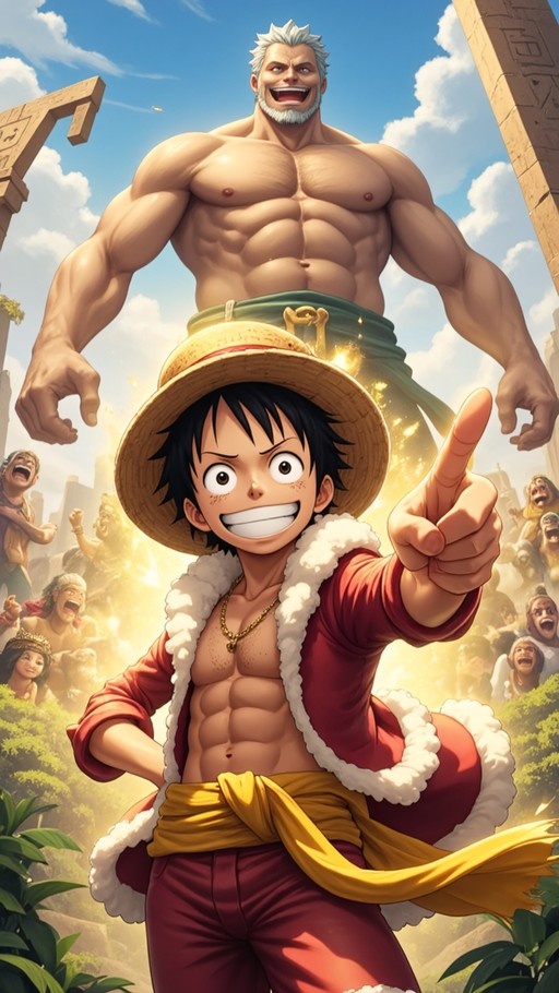 Monkey D. Luffy pointing at the viewer with a giant man behind him.