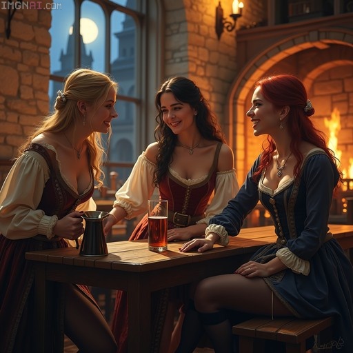 Three smiling women in medieval dresses sitting at a wooden table in a warm, candlelit tavern with a fireplace and moonlit window view.