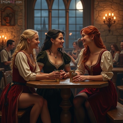 Three smiling women in red and green medieval gowns sit at a wooden table drinking from mugs in a stone-walled tavern with a view of a cathedral through the window.