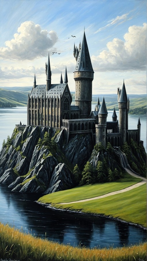 A digital painting of a large grey stone castle with tall spires sitting on a rocky cliff next to a body of water under a blue sky with clouds.