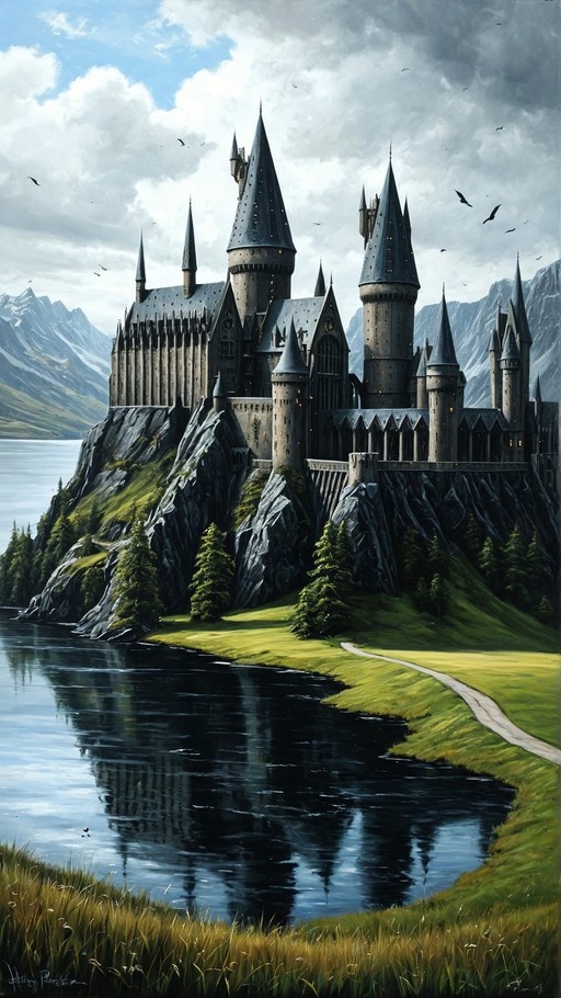 A majestic fantasy castle with tall spires sits on a rocky cliff above a calm lake, with mountains in the background and birds flying near the towers.