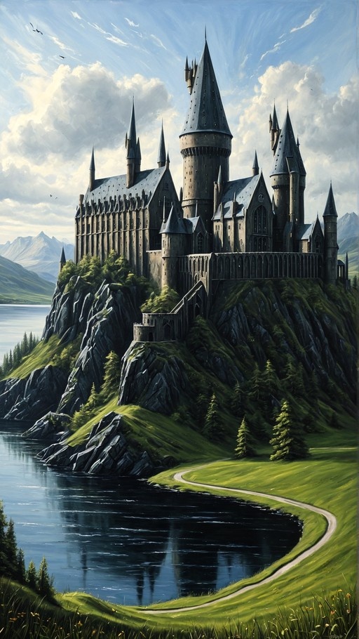 A detailed digital illustration of a large medieval castle with multiple spires perched on a rocky cliff above a calm lake, surrounded by green hills and distant mountains under a cloudy blue sky.