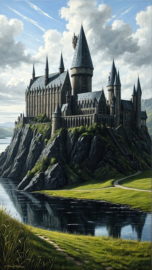 A digital painting of a large fantasy castle with tall spires perched on a rocky cliff overlooking a lake with reflections in the water under a cloudy blue sky.