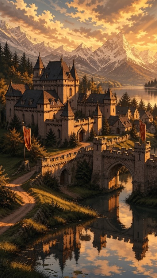 A digital illustration of a medieval castle with towers and flags, situated by a river with a stone bridge, reflecting in the water against a backdrop of snowy mountains at sunset.