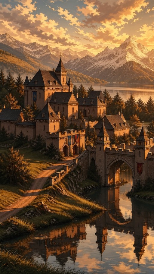 A majestic medieval castle with multiple towers and hanging banners stands beside a river, connected by a stone bridge. The structure reflects clearly in the water against a backdrop of snow-capped mountains under a golden sunset sky.