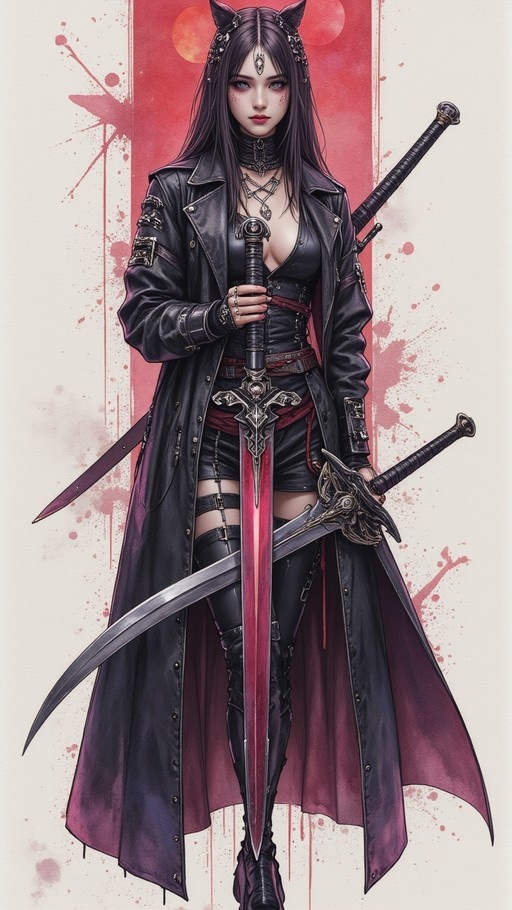 A full-body portrait of a Miqo'te warrior woman with cat ears and long dark hair, wearing a black leather trench coat and holding a large glowing red sword against a blood-splattered background.