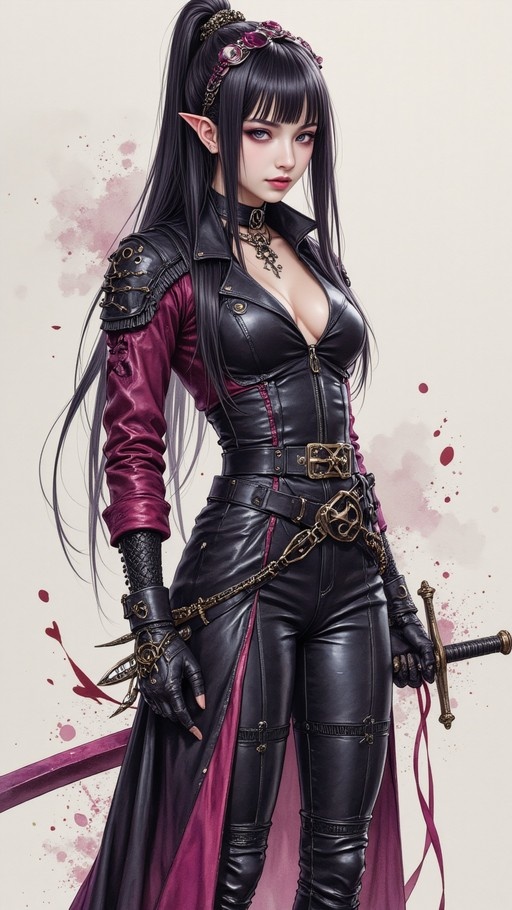 A full-body portrait of a female elf with long black hair and pointed ears, wearing black leather armor and holding a sword against a background with red splatters.