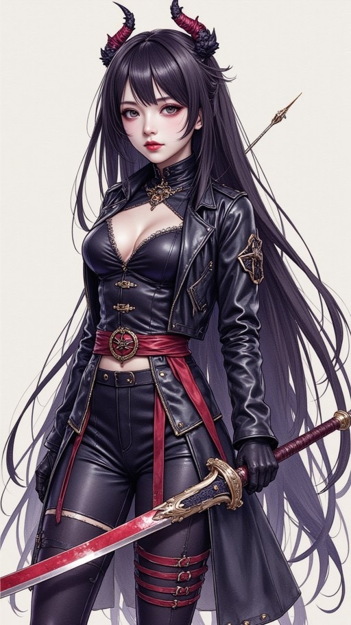 A full-body portrait of a female demon warrior with long black hair and red-tipped horns, wearing a black leather outfit and holding a blood-stained sword.