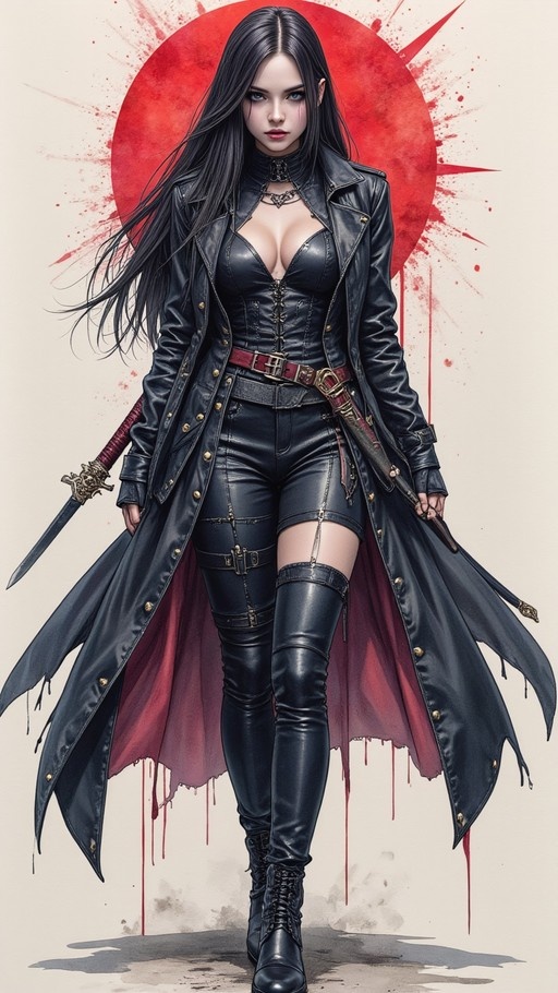 A female warrior with long black hair and blue eyes stands in a full-body pose wearing a black leather trench coat and holding two swords against a red circular background.