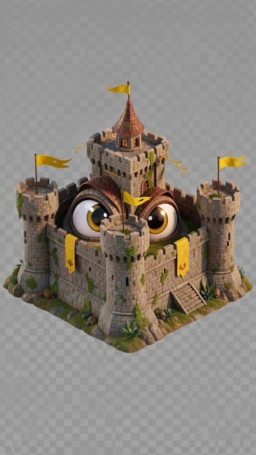Isometric stone castle with giant yellow eyes embedded in the wall and yellow flags on towers.